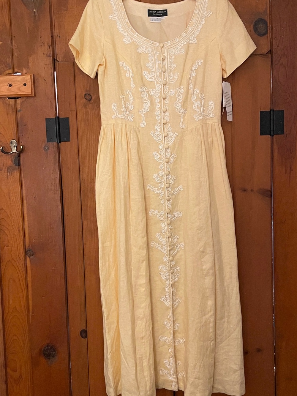 Vintage Donna Morgan for Maggy Linen Embroidered Maxi Dress Butter Yellow NWT 4